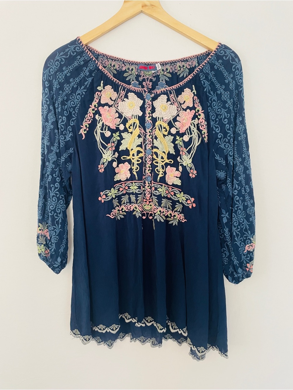 Johnny Was Embroidered Navy Peasant Blouse with Floral Motif